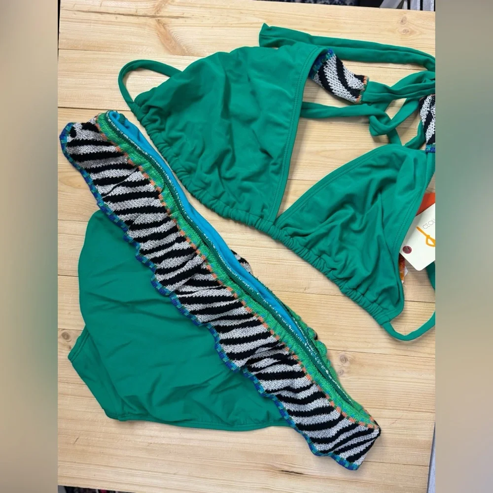Cecilia Prado Green Zebra Trim Bikini Set Tie Side Swimwear NWT Med/Large